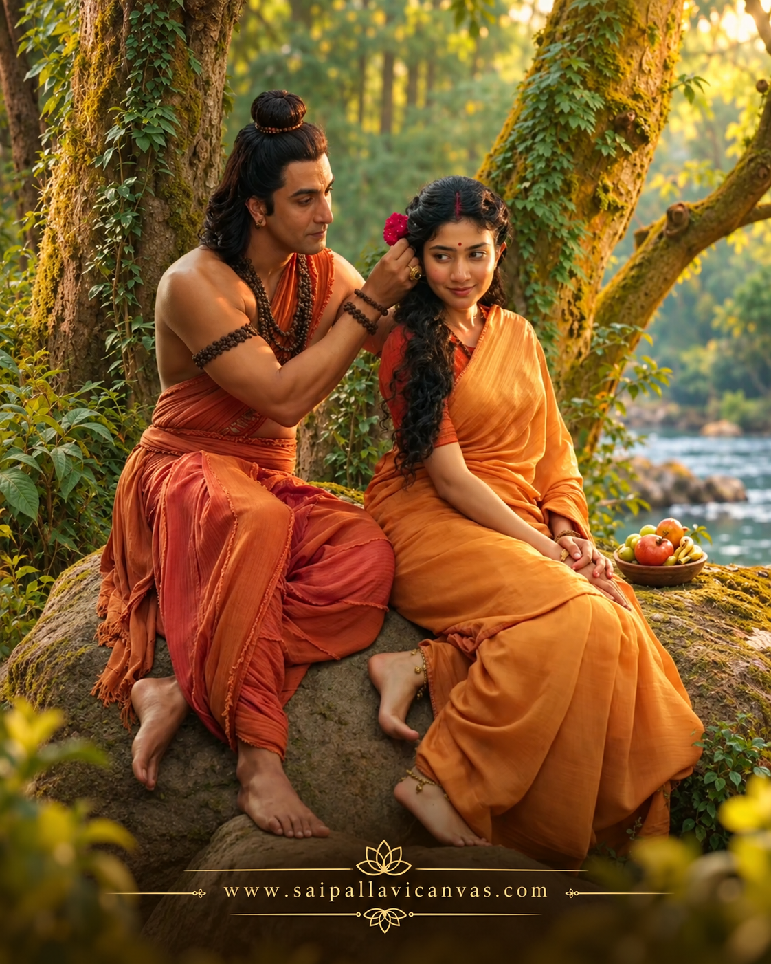 Detail of Sita's Vanvas costume, simple terracotta saree